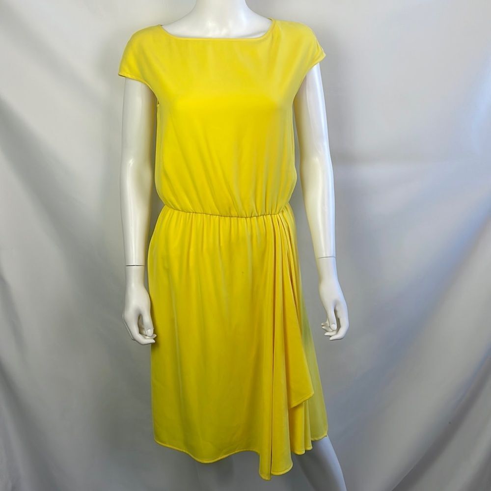 St John Yellow Drape Front Cap Sleeves Dress